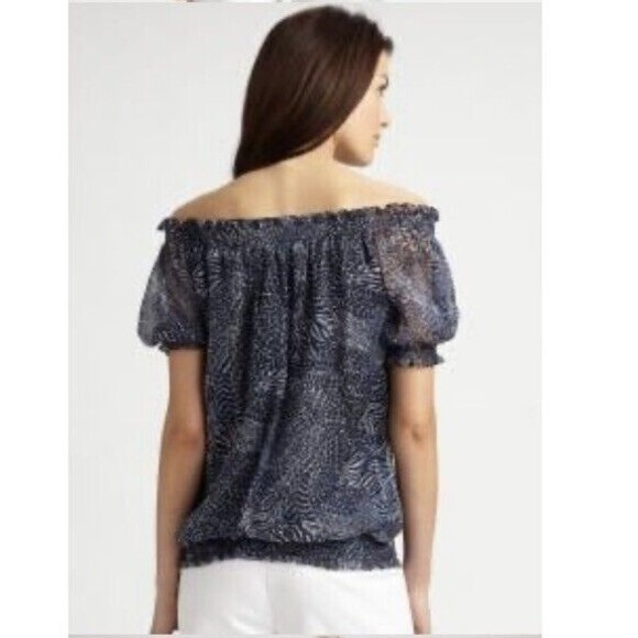 Lafayette 148 Womens 100% Silk Printed Smocked Hem Off The Shoulder Blouse - Picture 2 of 8